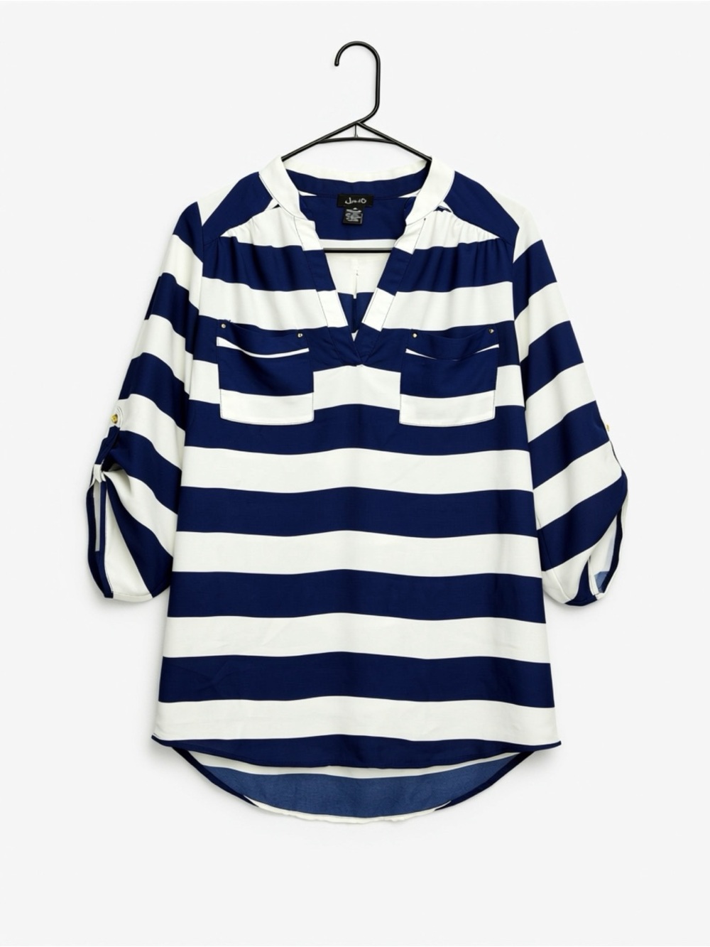 Justify brand - Striped Navy & White V-Neck Roll-Sleeve Blouse - M